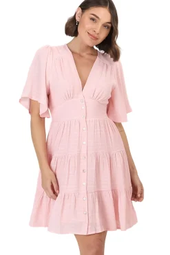 Aalia Mini Dress - Short Cape Sleeve Button Down V-Neck Dress in Pink>Salty Crush Online