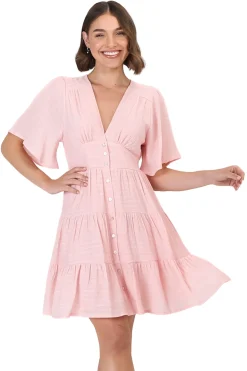 Aalia Mini Dress - Short Cape Sleeve Button Down V-Neck Dress in Pink>Salty Crush Online