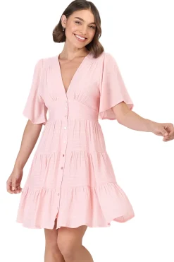 Aalia Mini Dress - Short Cape Sleeve Button Down V-Neck Dress in Pink><noscript><img width=