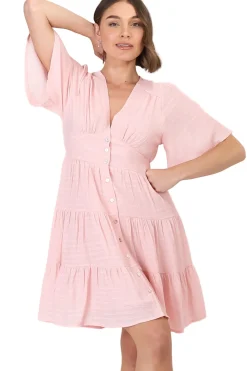 Aalia Mini Dress - Short Cape Sleeve Button Down V-Neck Dress in Pink><noscript><img width=