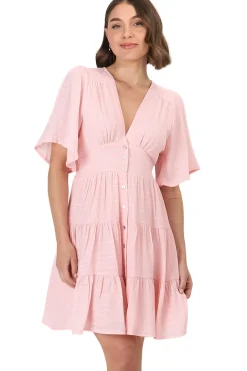 Aalia Mini Dress - Short Cape Sleeve Button Down V-Neck Dress in Pink><noscript><img width=
