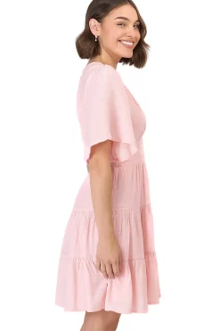 Aalia Mini Dress - Short Cape Sleeve Button Down V-Neck Dress in Pink><noscript><img width=