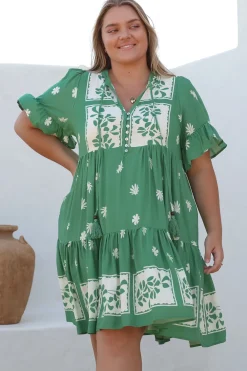 Abilia Mini Dress - Mandarin Collar Smock Dress in Lucinda Print Green>Salty Crush
