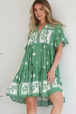 Abilia Mini Dress - Mandarin Collar Smock Dress in Lucinda Print Green><noscript><img width=