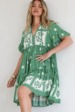 Abilia Mini Dress - Mandarin Collar Smock Dress in Lucinda Print Green><noscript><img width=