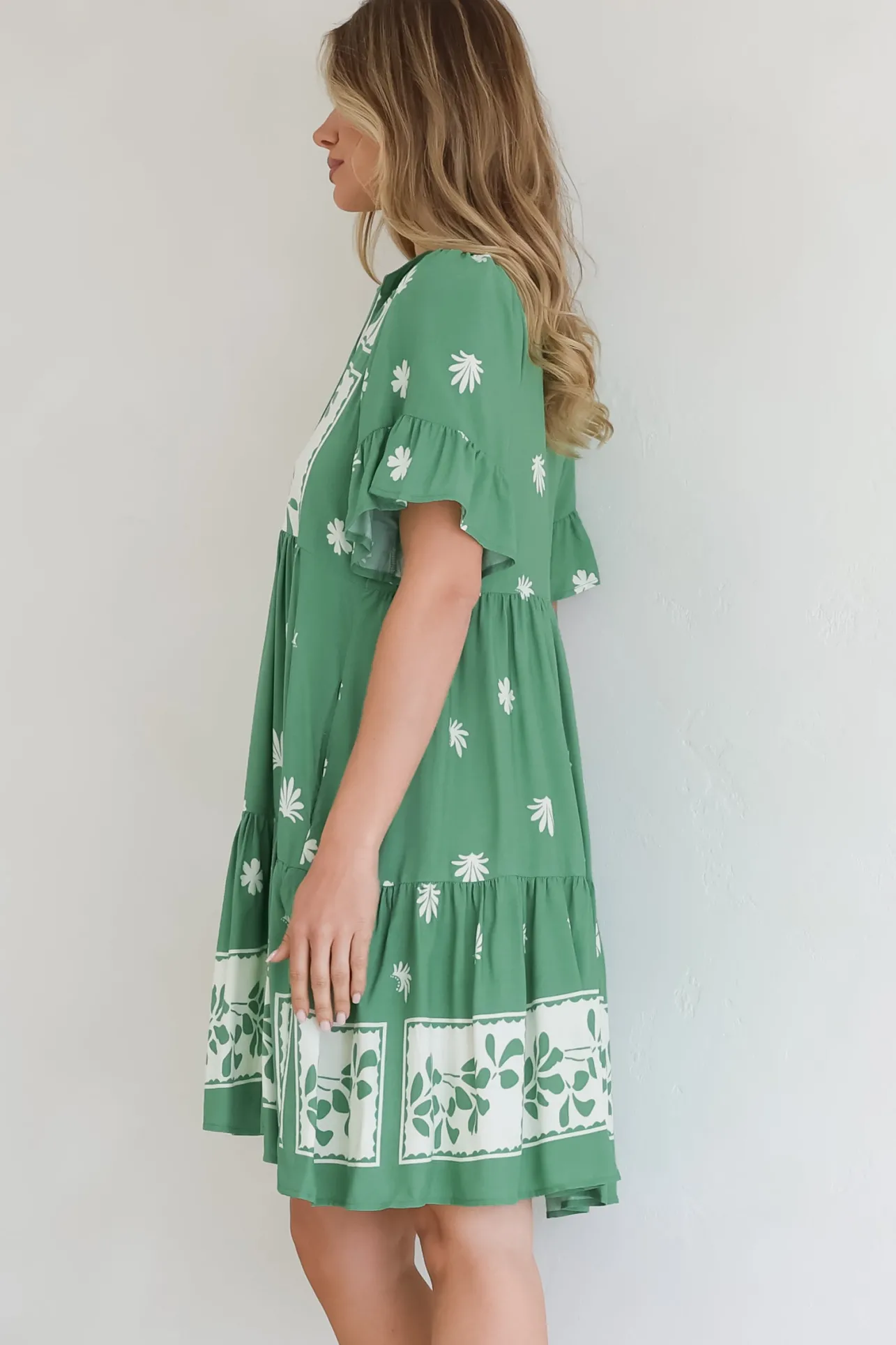 Abilia Mini Dress - Mandarin Collar Smock Dress in Lucinda Print Green>Salty Crush