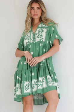 Abilia Mini Dress - Mandarin Collar Smock Dress in Lucinda Print Green><noscript><img width=