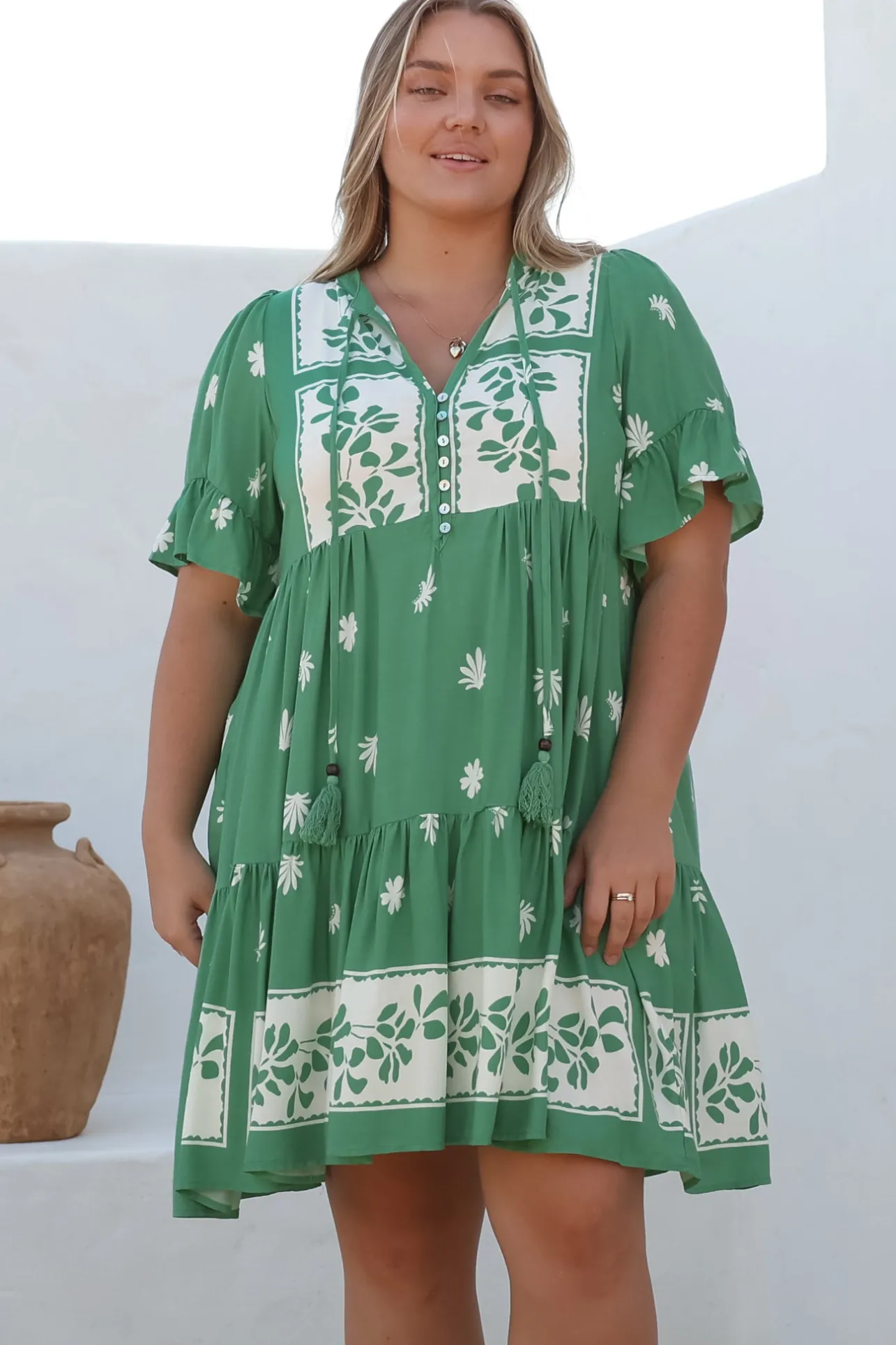 Abilia Mini Dress - Mandarin Collar Smock Dress in Lucinda Print Green>Salty Crush