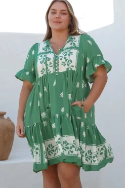 Abilia Mini Dress - Mandarin Collar Smock Dress in Lucinda Print Green><noscript><img width=