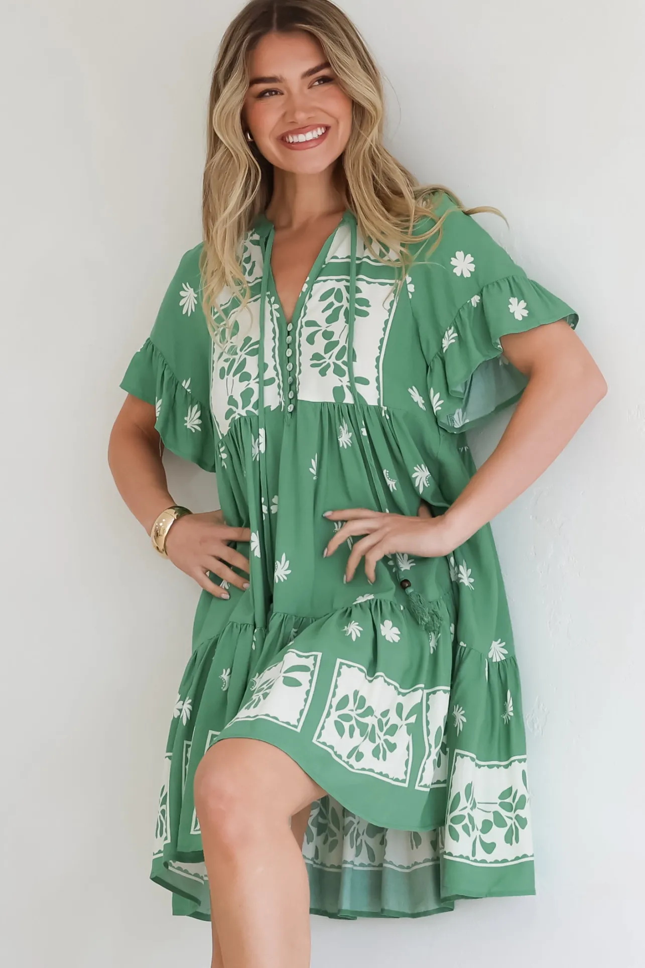 Abilia Mini Dress - Mandarin Collar Smock Dress in Lucinda Print Green>Salty Crush