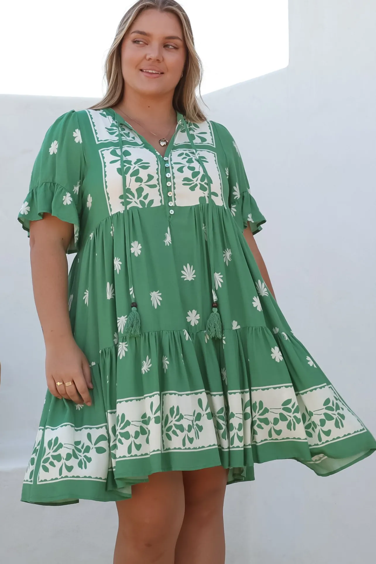 Abilia Mini Dress - Mandarin Collar Smock Dress in Lucinda Print Green>Salty Crush