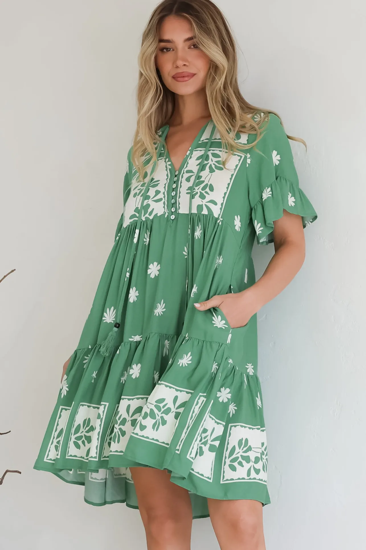 Abilia Mini Dress - Mandarin Collar Smock Dress in Lucinda Print Green>Salty Crush