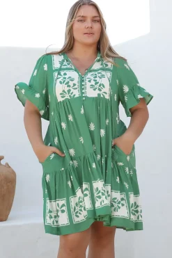 Abilia Mini Dress - Mandarin Collar Smock Dress in Lucinda Print Green><noscript><img width=