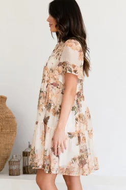 Abilia Mini Dress - Mandarin Collar Smock Dress in Kirah Print Peach><noscript><img width=