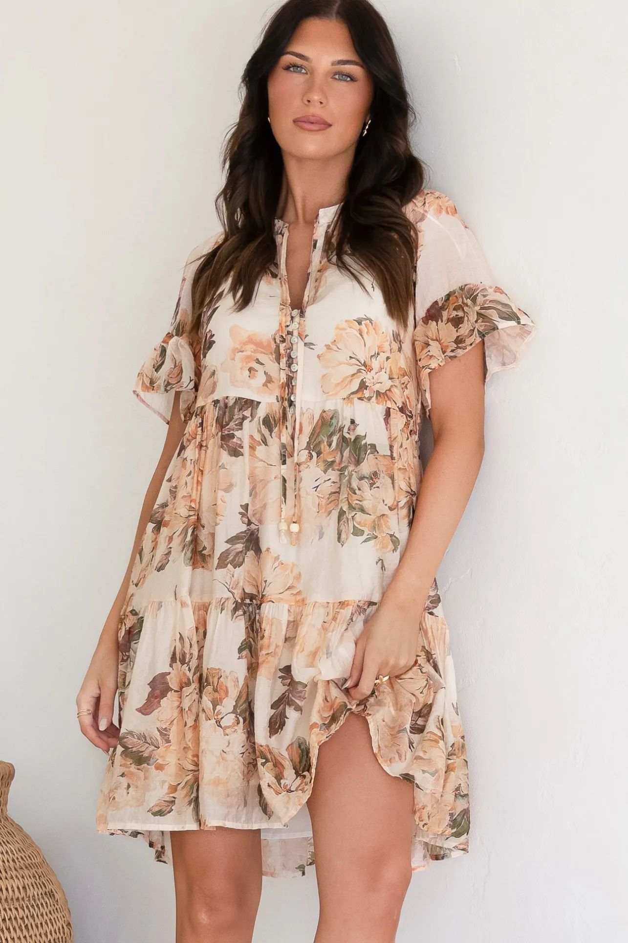 Abilia Mini Dress - Mandarin Collar Smock Dress in Kirah Print Peach>Salty Crush New