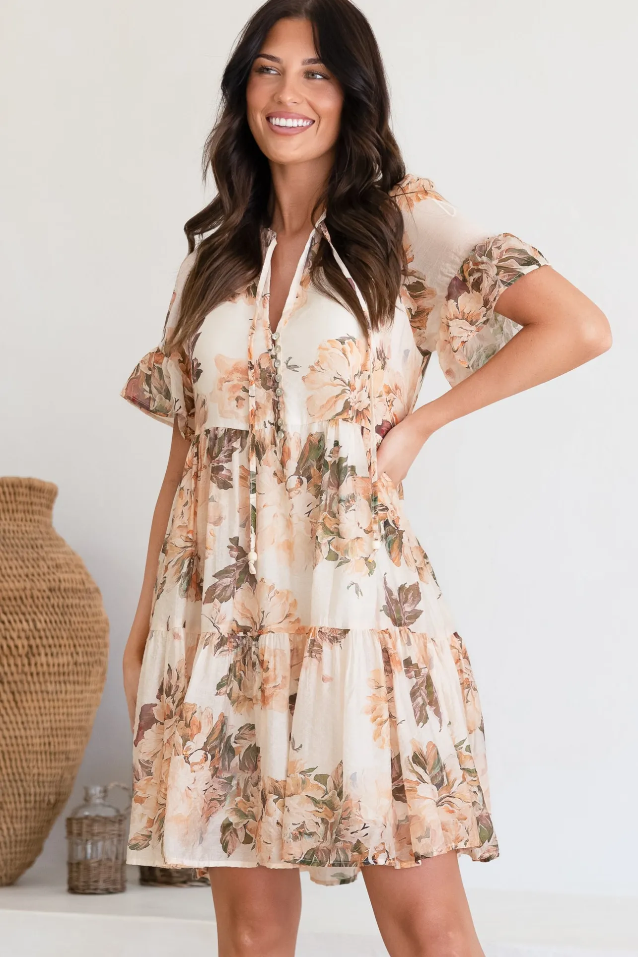 Abilia Mini Dress - Mandarin Collar Smock Dress in Kirah Print Peach>Salty Crush New