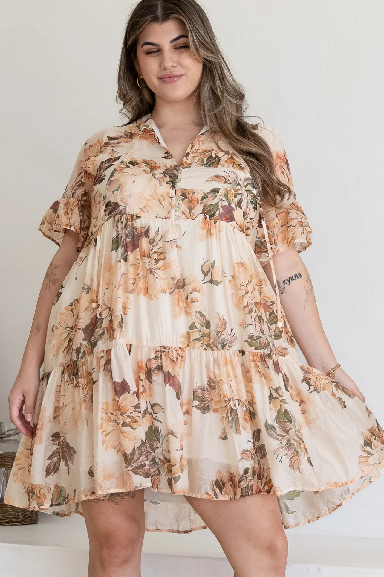 Abilia Mini Dress - Mandarin Collar Smock Dress in Kirah Print Peach>Salty Crush New