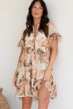 Abilia Mini Dress - Mandarin Collar Smock Dress in Kirah Print Peach><noscript><img width=