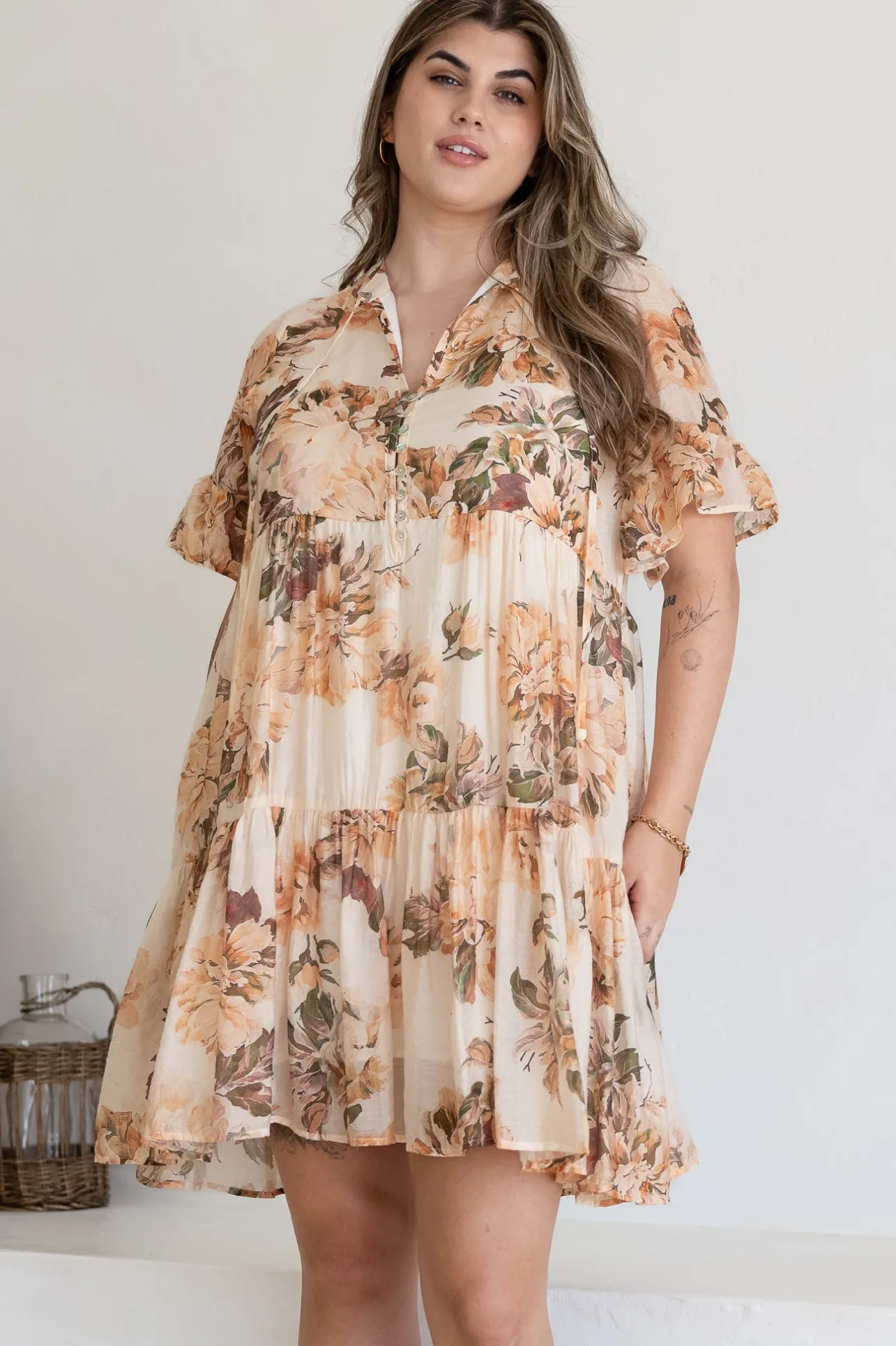 Abilia Mini Dress - Mandarin Collar Smock Dress in Kirah Print Peach>Salty Crush New
