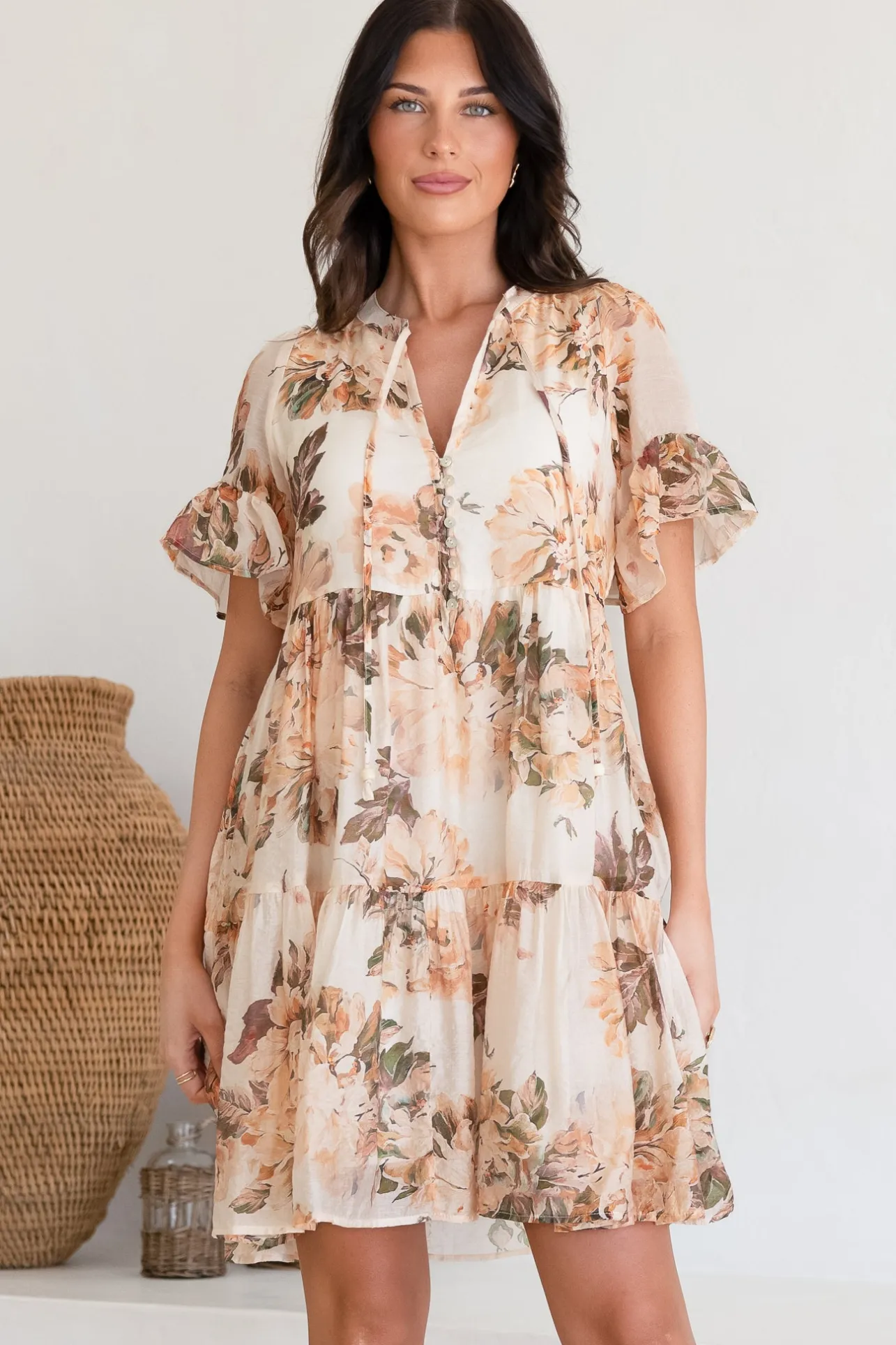 Abilia Mini Dress - Mandarin Collar Smock Dress in Kirah Print Peach>Salty Crush New