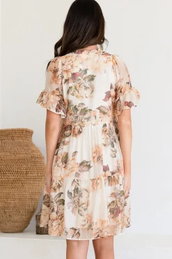 Abilia Mini Dress - Mandarin Collar Smock Dress in Kirah Print Peach><noscript><img width=