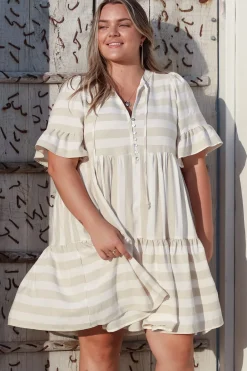 Abilia Mini Dress - Mandarin Collar Smock Dress in Gaubi Print Beige><noscript><img width=