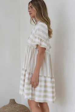 Abilia Mini Dress - Mandarin Collar Smock Dress in Gaubi Print Beige><noscript><img width=