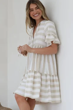 Abilia Mini Dress - Mandarin Collar Smock Dress in Gaubi Print Beige><noscript><img width=