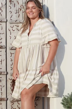 Abilia Mini Dress - Mandarin Collar Smock Dress in Gaubi Print Beige><noscript><img width=