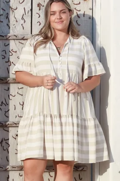 Abilia Mini Dress - Mandarin Collar Smock Dress in Gaubi Print Beige><noscript><img width=