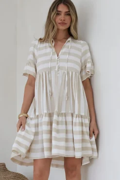 Abilia Mini Dress - Mandarin Collar Smock Dress in Gaubi Print Beige><noscript><img width=