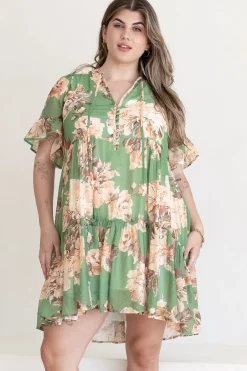 Abilia Mini Dress - Mandarin Collar Smock Dress in Kirah Print Green>Salty Crush Clearance