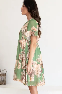 Abilia Mini Dress - Mandarin Collar Smock Dress in Kirah Print Green><noscript><img width=