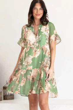 Abilia Mini Dress - Mandarin Collar Smock Dress in Kirah Print Green><noscript><img width=