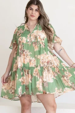 Abilia Mini Dress - Mandarin Collar Smock Dress in Kirah Print Green><noscript><img width=
