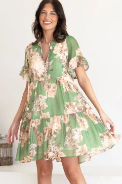 Abilia Mini Dress - Mandarin Collar Smock Dress in Kirah Print Green><noscript><img width=