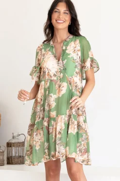Abilia Mini Dress - Mandarin Collar Smock Dress in Kirah Print Green><noscript><img width=
