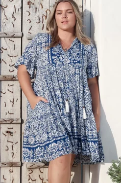 Abilia Mini Dress - Mandarin Collar Smock Dress in Harley Print Blue><noscript><img width=