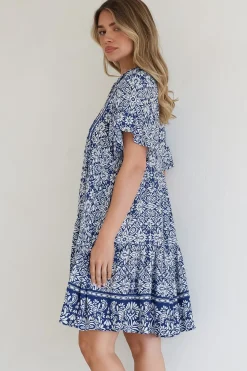 Abilia Mini Dress - Mandarin Collar Smock Dress in Harley Print Blue><noscript><img width=