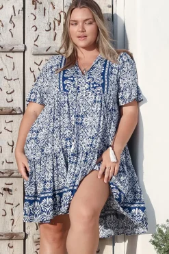 Abilia Mini Dress - Mandarin Collar Smock Dress in Harley Print Blue><noscript><img width=