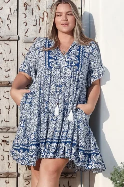 Abilia Mini Dress - Mandarin Collar Smock Dress in Harley Print Blue><noscript><img width=