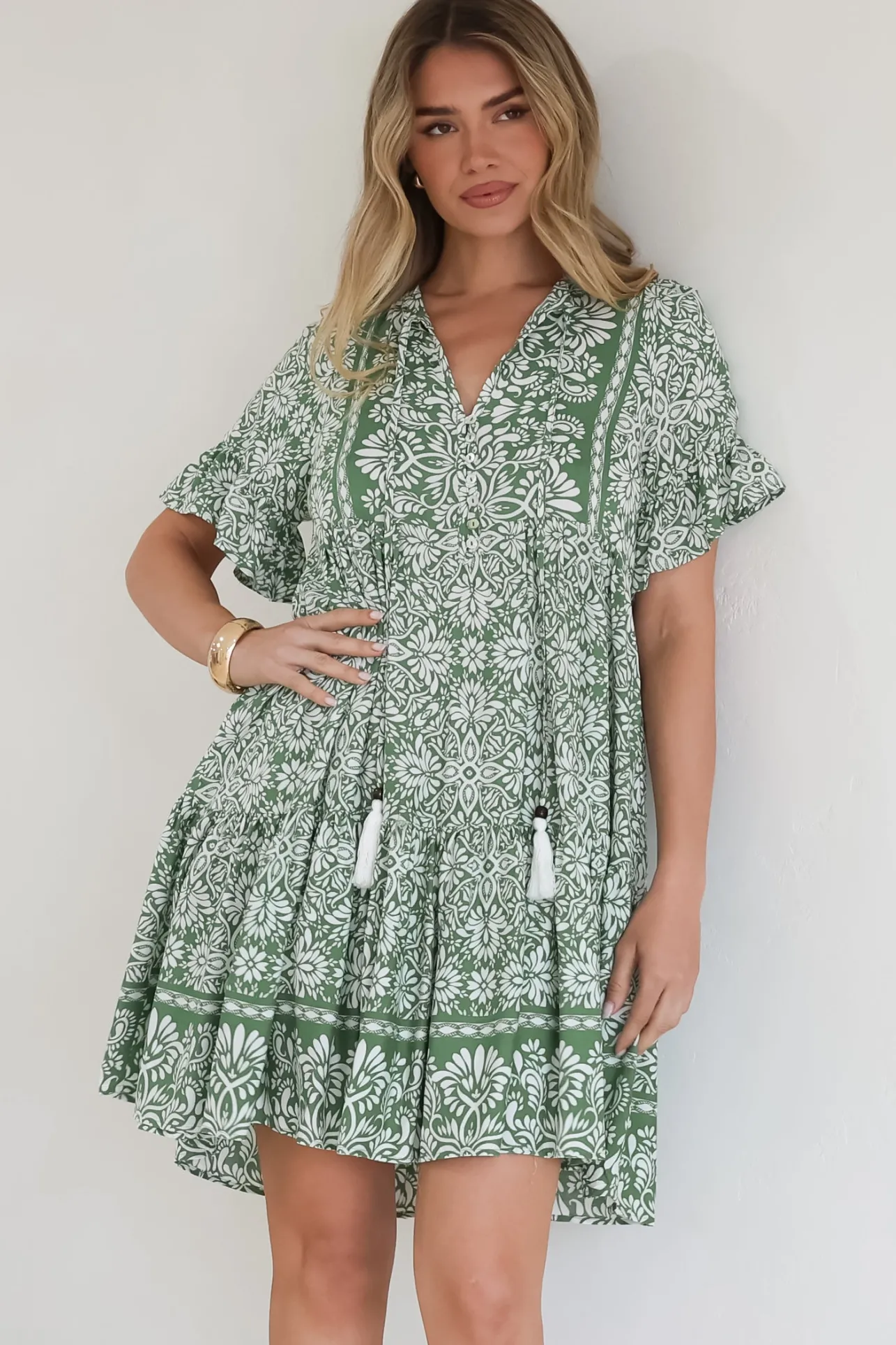 Abilia Mini Dress - Mandarin Collar Smock Dress in Harley Print Green>Salty Crush Best