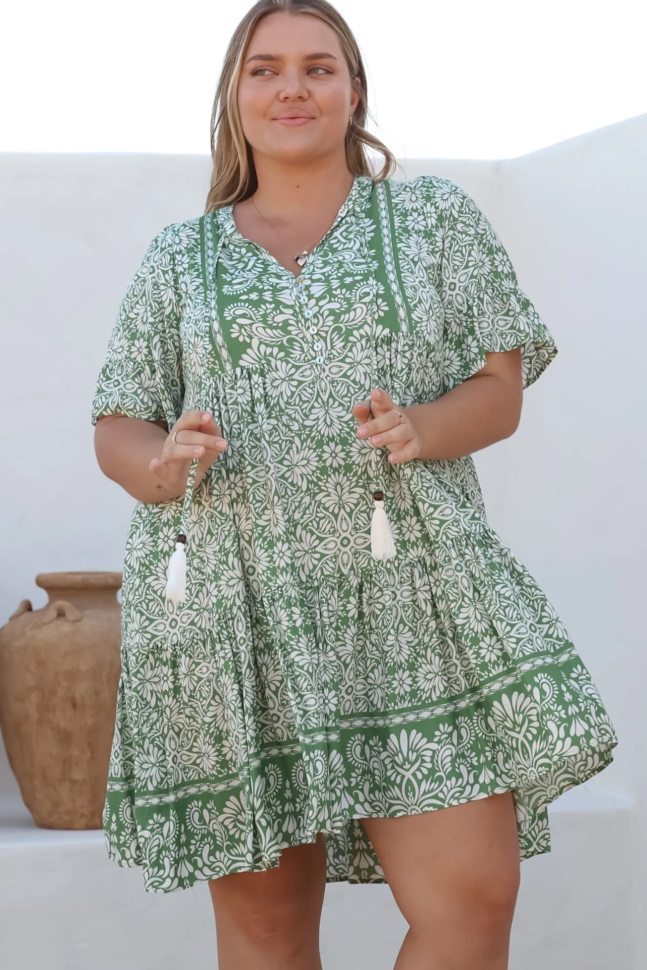 Abilia Mini Dress - Mandarin Collar Smock Dress in Harley Print Green>Salty Crush Best