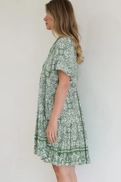Abilia Mini Dress - Mandarin Collar Smock Dress in Harley Print Green><noscript><img width=