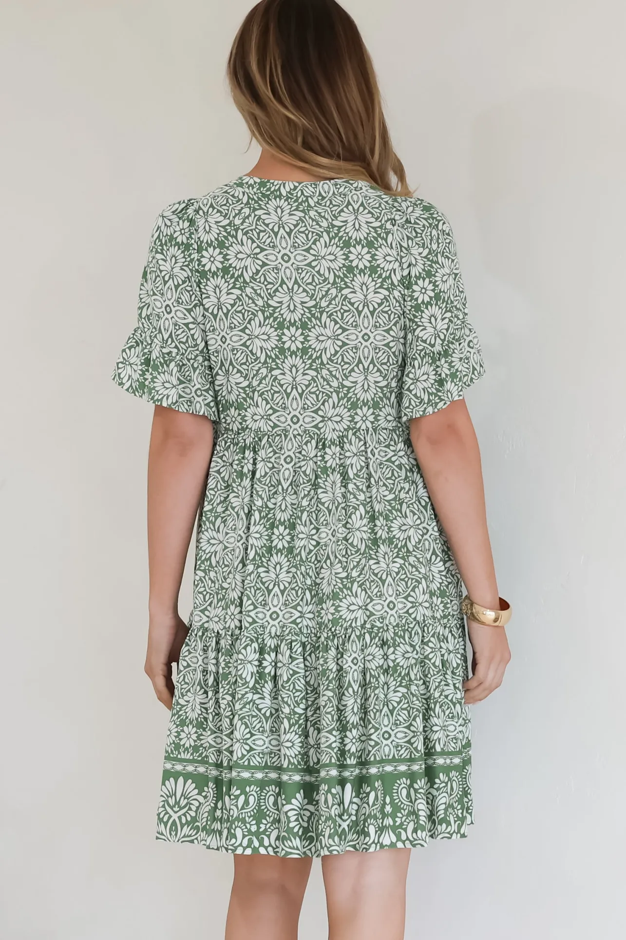 Abilia Mini Dress - Mandarin Collar Smock Dress in Harley Print Green>Salty Crush Best