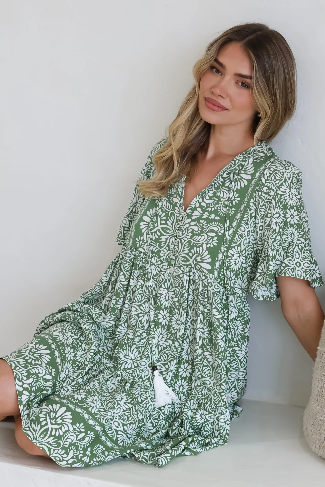 Abilia Mini Dress - Mandarin Collar Smock Dress in Harley Print Green>Salty Crush Best