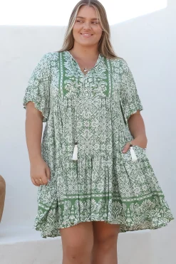 Abilia Mini Dress - Mandarin Collar Smock Dress in Harley Print Green><noscript><img width=
