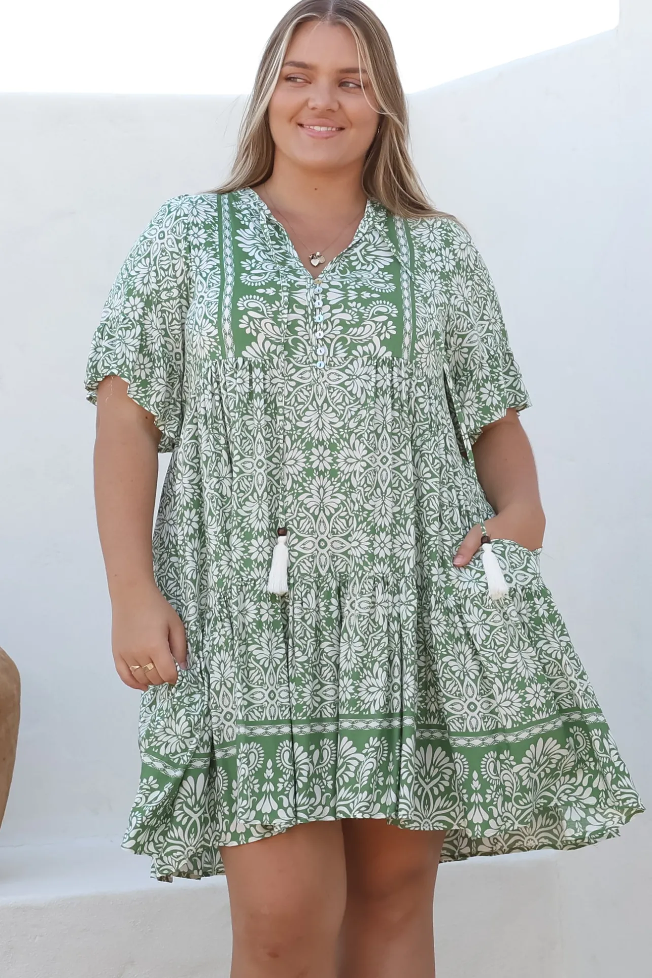 Abilia Mini Dress - Mandarin Collar Smock Dress in Harley Print Green>Salty Crush Best