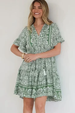 Abilia Mini Dress - Mandarin Collar Smock Dress in Harley Print Green><noscript><img width=
