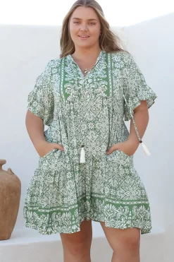 Abilia Mini Dress - Mandarin Collar Smock Dress in Harley Print Green><noscript><img width=